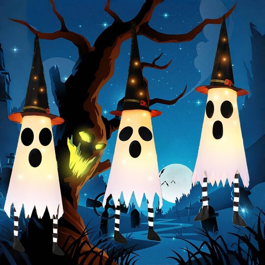 Citrus; 3 Packs 38" Halloween Hanging Ghost Decorations with Witch Hats, Light Up Ghosts with 3 Flash Modes, Warm LED Hanging Halloween Decor for Indoor Outdoor Yard, Patio, Garden & Tree; Category:Outdoor Halloween Decorations; Image:1